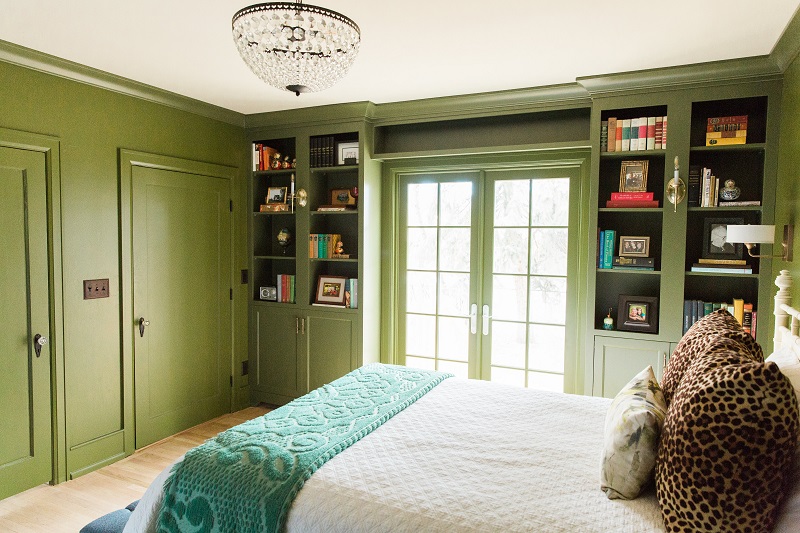 preppy olive green master bedroom