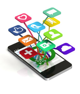 A 3D smart phone sharing a web page with social media applications popping out of the front of the device; Shutterstock ID 113071105