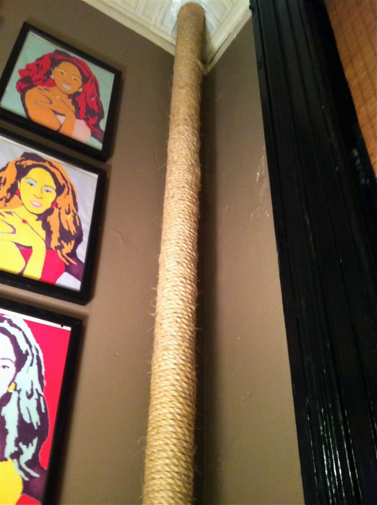 photo of an NYC apartment steam pipe wrapped with sisal rope