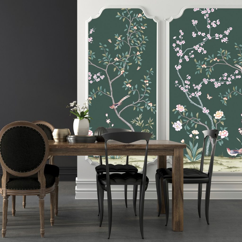 photo of a dining table near elegant wallpaper