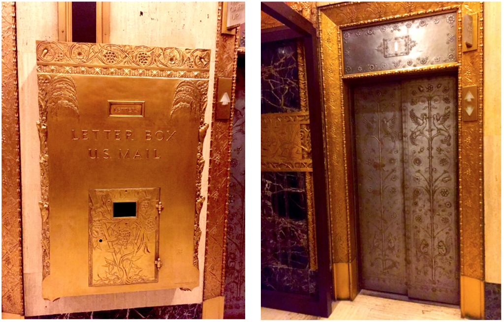 Left: Art deco mailbox in the elevator bank at 100 Barclay.Right: Elevator at 100 Barclay.