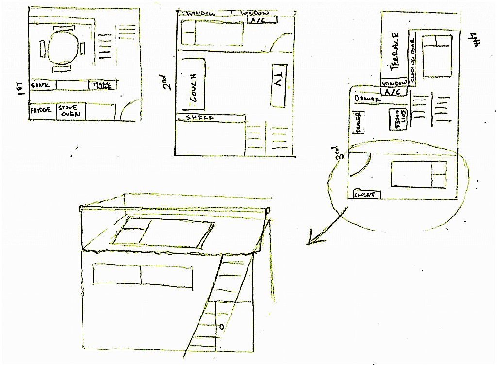 A diagram of Long's first apartment. On the bottom left, the bedroom he shared. He slept in the lofted area that was too small to stand up in.