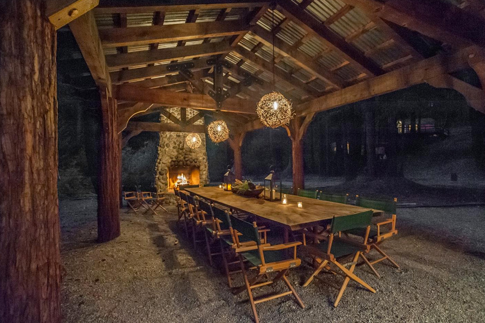 glamping in California outdoor table and fireplace