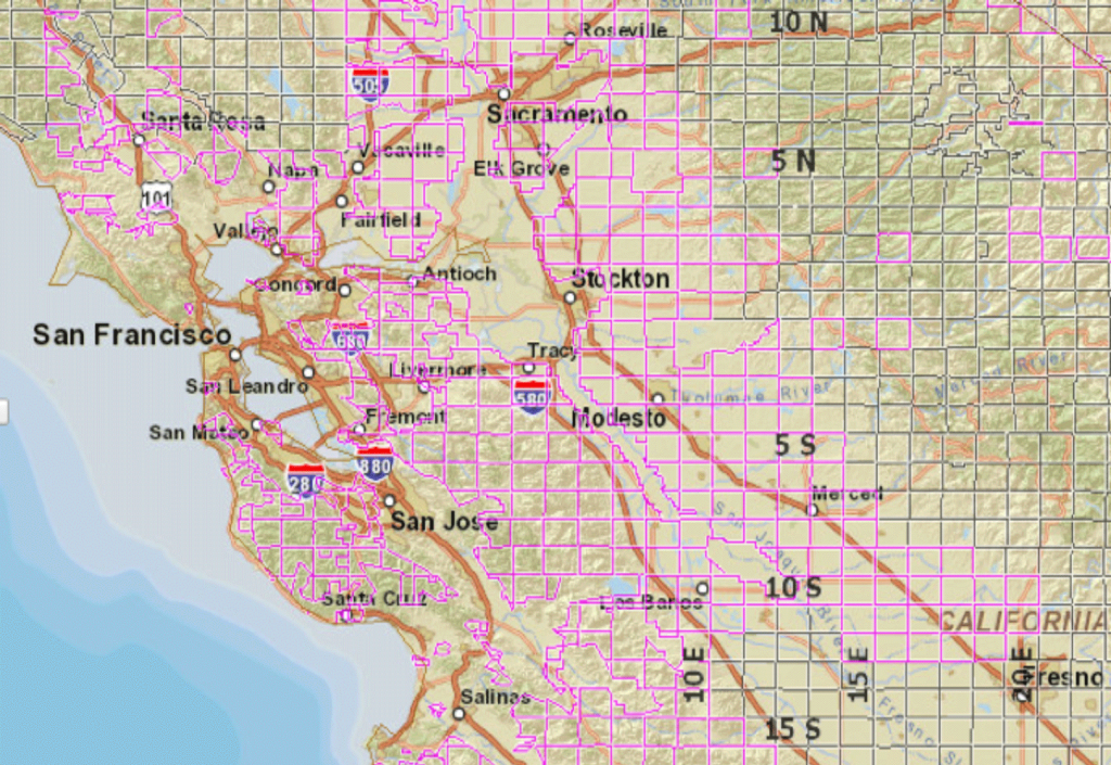 Figure 1: Various PLSS townships around the Bay Area. Data was generated using the BLM GeoCommunicator [2].