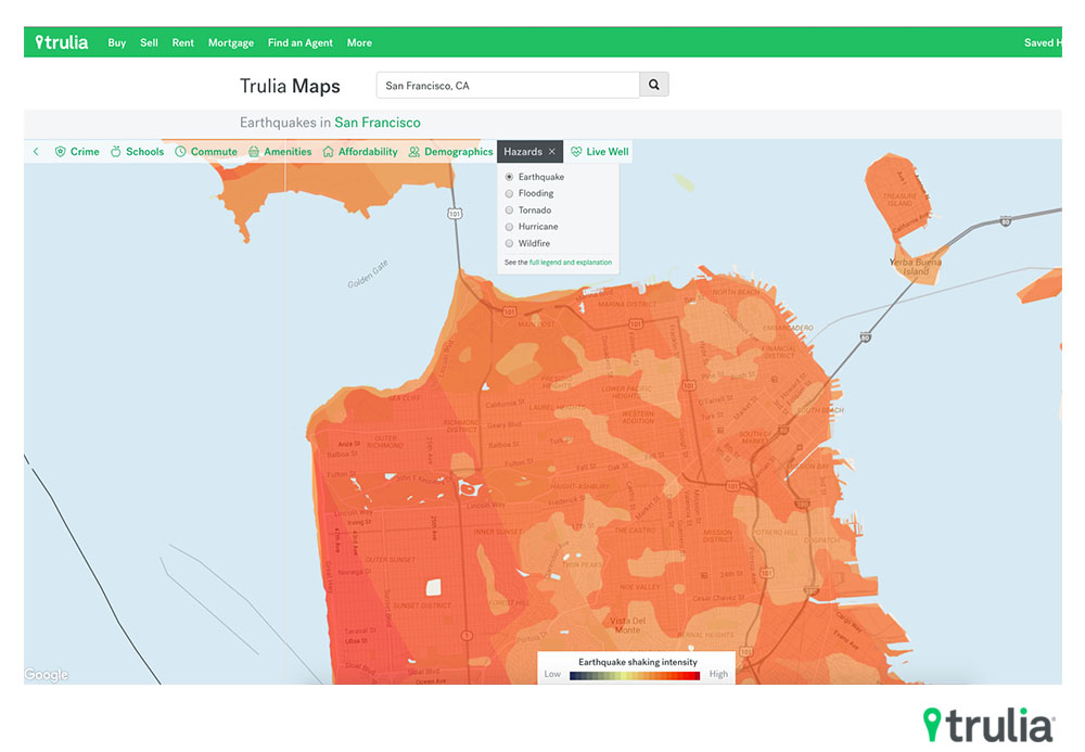 Trulia Hazards Map, showing the likelihood of an earthquake in SF