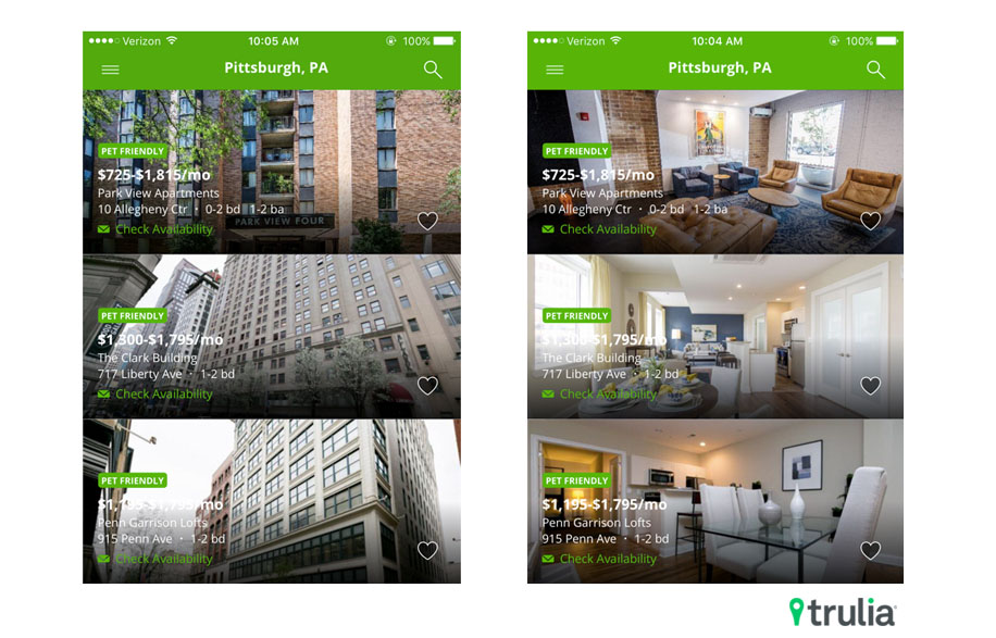 Trulia hero images, before (left) and after (right) implementing a hero image selection algorithm.